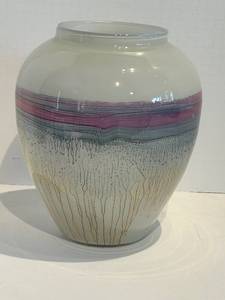 lot 124 image: Israel Hand-Painted Glass Vase Pink &amp Blue Stripes