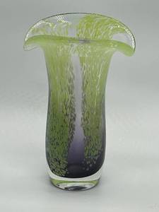 lot 125 image: Artisan Created Glass Vase Purple to Lime Gradient with Speckled Pattern