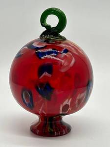 lot 129 image: Vintage Hand-Blown Glass Witches Ball - Red Swirl with Green Loop Top