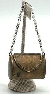 lot 137 image: Miniature Brass Purse & Pearl Chain - 2 in wide x 4 in tall