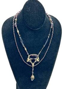 lot 139 image: Art Deco Czech Glass Necklace - Garnet Red Center Stone Pendant, 24 in Length