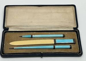 lot 141 image: Guilloche Writing Set - Sterling made in Germany - Blue Enamel &amp Carved Bone in Case (3-Piece)