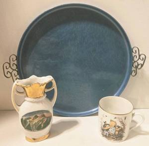 lot 166 image: Moire Glaze KYES Metal Blue Tray - 1973 West Germany Childs Cup & Vancouver Lions Vase