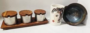 lot 169 image: Mid-Century Teak Snack Set - Handmade Ceramic Bowl - Cheryl Thompson Atmospheres Mug