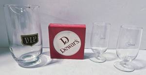 lot 170 image: Mid Century VIP Cocktail Pitcher & Dewars Coasters Box & 2 NWA Northwest Airlines Wine Glasses