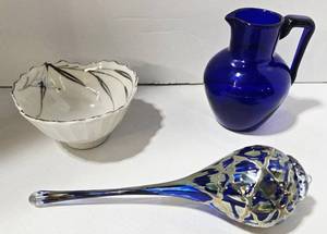 lot 176 image: Three-Piece Set Cobalt Blue Pitcher, Hand Blown Teardrop Ornament & Japanese Bowl (Lot of 3)