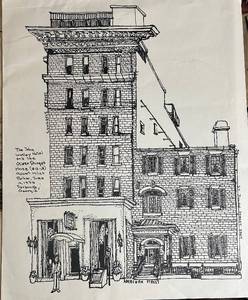 lot 189 image: Robert Miles Parker - John Wesley Hotel & Oliver Sturges House - Ink Drawing (13 in x 16 in), 1975