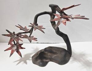 lot 197 image: Bronze Metal Tree Sculpture - Red Star Leaves & Twisted Black Trunk Base