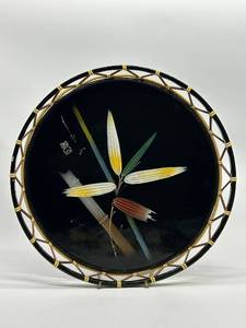 lot 209 image: Vintage Lacquered Round Tray - Hand Painted Bamboo Design Signed Wicker Woven Rim