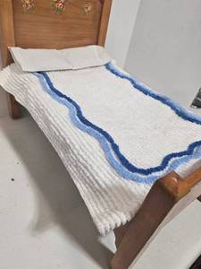 lot 211 image: Doll Bed - Vintage Floral Wood Frame with Mattress & Quilted Cover