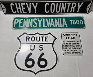 lot 232 image: 3 Metal Signs - Route US 66 Shield, Pennsylvania 7600 Street & Chevy Country