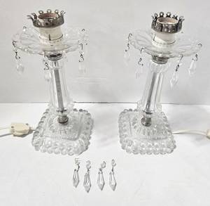 lot 255 image: Vintage Pair of Glass Lamps with Hanging Crystals