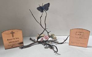 lot 261 image: Metal Branch with Enamel Butterfly & Flowers - Copper Bookends with Bible Verses