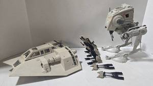 lot 262 image: Kenner Star Wars AT-ST Scout Chicken Walker Vehicle, Snowspeeder & Endor Speeder Bikes (Lot of 4)