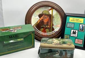 lot 276 image: Vintage Lot of GIRL SCOUTS Memorabilia Including Stamps, Plate & Tins