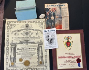 lot 298 image: Masonic Collectibles Including Certificates, Letter, Pinback & More Memorabilia