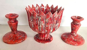 Mid Century Splatterware Red Ceramic Candle Holders & Planter - 3-Piece Set