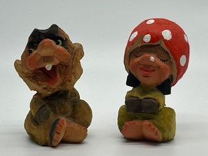 Henning Hand-Carved Figurines - Mushroom Cap Girl & Carved Figure (Norway) (Lot of 2)
