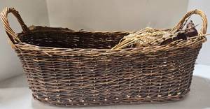 Rustic Woven Basket with Deer Figurines, Feathers, & Dried Wheat and Twigs