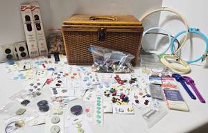 Vintage Wilson Wil-Hold Sewing Box & Sewing Notions - Buttons, Threads, Embroidery Hoops