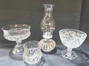 Crystal Glass 4-Piece Set - Hurricane Oil Lamp, 2 Vintage Footed Compote Bowls & Vase