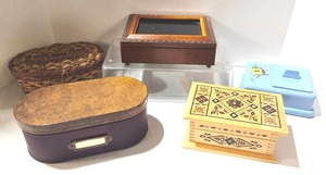Mosaic Wood Box, Metal Storage Box, Wicker Sewing Basket, & Sanyo and Blue Music Boxes (Lot of 5)