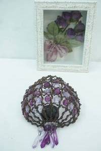 lot 47 image: Purple Rose Shadow Box, Purple Glass Beaded Tea Light Candle HolderWall Sconce