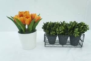 lot 61 image: Artificial Tulips Arrangement & Artificial Green Plants Chicken Wire Basket Arrangement