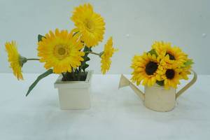 lot 63 image: Artificial Sunflower Arrangement in Vintage-Style Galvanized Watering Can, and Other Yellow Flower Artificial Arrangement