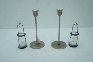 lot 94 image: Mini Tea Light Lanterns, Aluminum Taper Candlesticks wNickel Finish (Made in India)