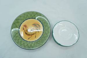 lot 115 image: Vintage Rooster Plates (222 Fifth) and Vintage Pfaltzgraff Saucers
