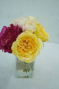 lot 122 image: Clear Glass Square Vase with Flower Arrangement in Epoxy