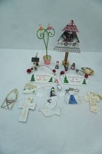 lot 143 image: Christmas Ornaments, Birdhouse and Cross Figurines and other Decor