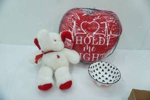 lot 150 image: Hold Me Tight Heart Pillow, Elephant Stuffy, White Ceramic Heart Print Bowl