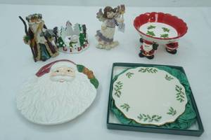 lot 153 image: Christmas Decor, Ceramic Santa Dish, Candleholder and Figurines