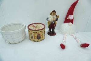lot 159 image: Valentines Gnome, White Wooden Basket, Santa Claus Cookie Tin, Fishing Santa Claus Figurine