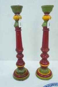 lot 174 image: 17.5 tall Wooden Candlestick Holders (Pier1 Sticker on the bottom)