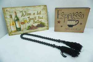 lot 178 image: Espresso Yourself wooden Wall Hanging, Wine a bit youll feel better wooden sign, beaded curtain tie back