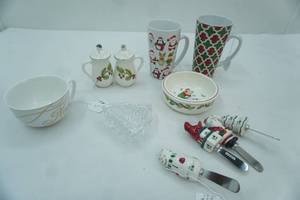lot 215 image: Ceramic Holiday Salt & Pepper Shakers, Mugs, Cheese Knives, Bowls