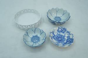lot 239 image: Vintage Chinese Blue & White Porcelain Lotus-Shaped Bowls, Vintage English Chippendale Johnson Bros England, & White Woven Ceramic Dish