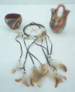 lot 246 image: Jemez Pueblo Pottery Wedding Vase, another Vase, and Handmade Dream Catcher