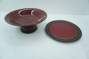 lot 249 image: Partylite Stoneware Pedestal Serving Bowl and Plate (plate has a crack)