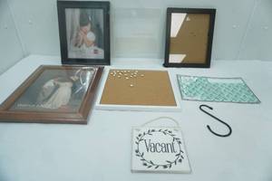 lot 260 image: NEW 10x13 photo frame, NEW small white wood framed cork board and pins, weekly to-do lists and more