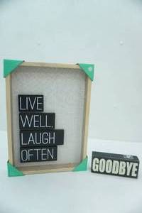 lot 270 image: NEW Live Well, Laugh Often Wooden Wall Decor 10x 14, and Hello Wooden Sign 6x2.5x1.5
