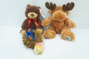 lot 273 image: NEW Stuffed Teddy Bear, Stuffed Moose, Blue birds in nest finger puppet