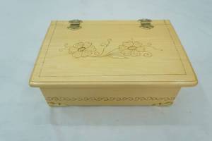 lot 274 image: Handmade Wood-Burned Jewelry Box. Red felt lined. 12x8.5x 4