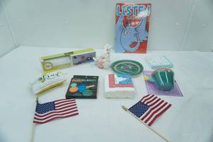 lot 275 image: circo wall decals, Listen and Learn-Be Kind Sign, snowman napkins, dessert plates, egg decorating cups and more