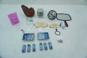 lot 284 image: Decor, Ceramic Dishes, Diffuser things, hand-held mirror, wire ball, vintage coffee cup, beads and more