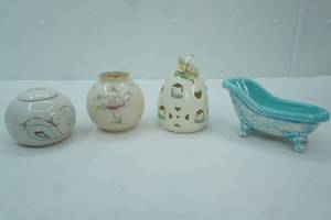 lot 288 image: Vintage Blue Ceramic Claw foot Bathtub Miniature, Egg Shaped tea light candle holder, Lenox Floral Garden Gold Rimmed Vase, Life is a Circle Tea Light Holder Vase wcover