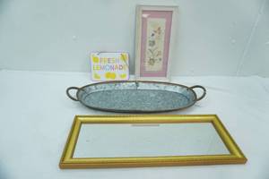 lot 297 image: Galvanized Metal Tray, Mirror and other wall decor